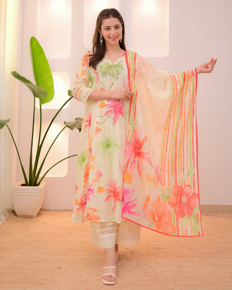Minty Green Pakistani Schiffli Floral A Line Suit