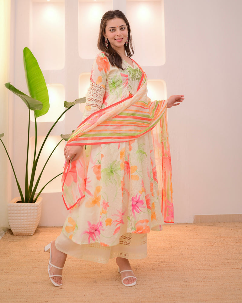 Minty Green Pakistani Schiffli Floral A Line Suit