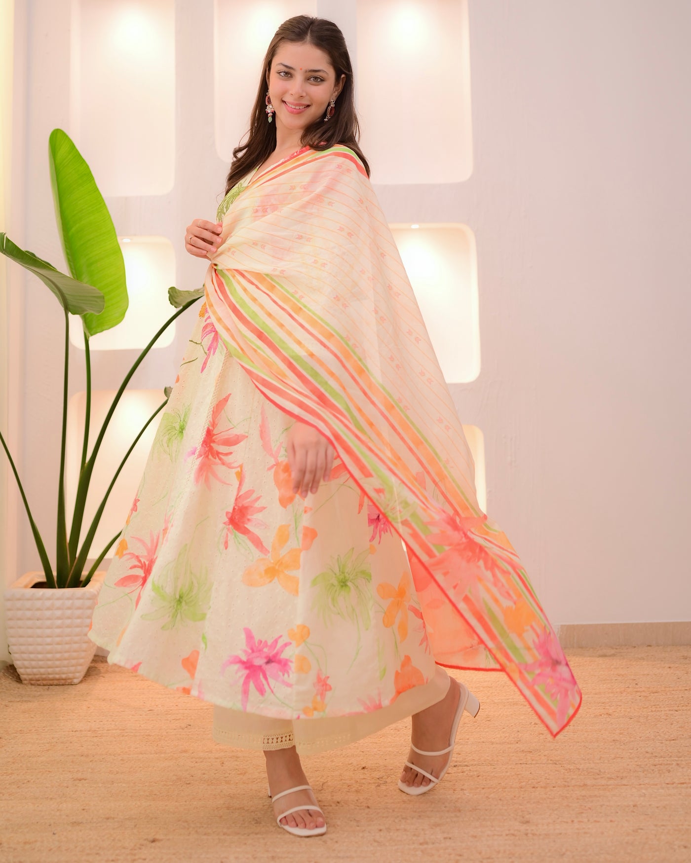 Minty Green Pakistani Schiffli Floral A Line Suit