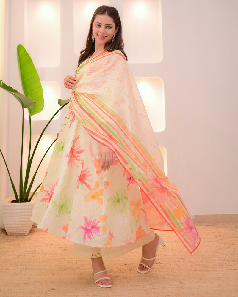 Minty Green Pakistani Schiffli Floral A Line Suit