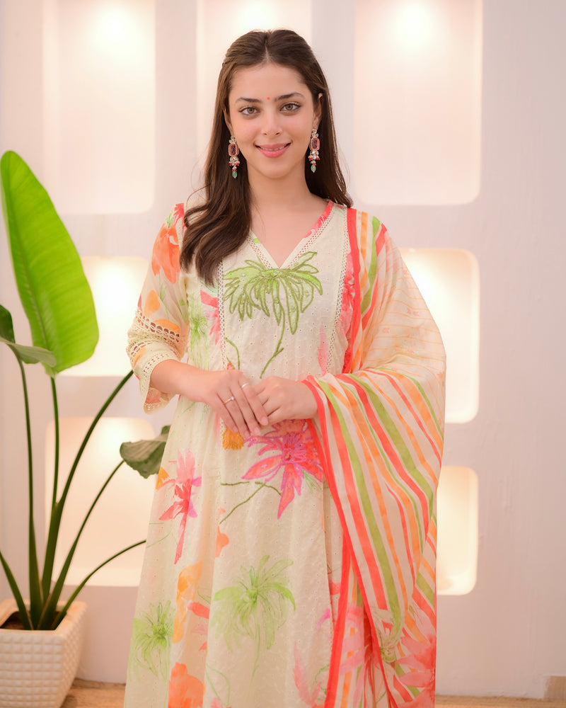 Minty Green Pakistani Schiffli Floral A Line Suit