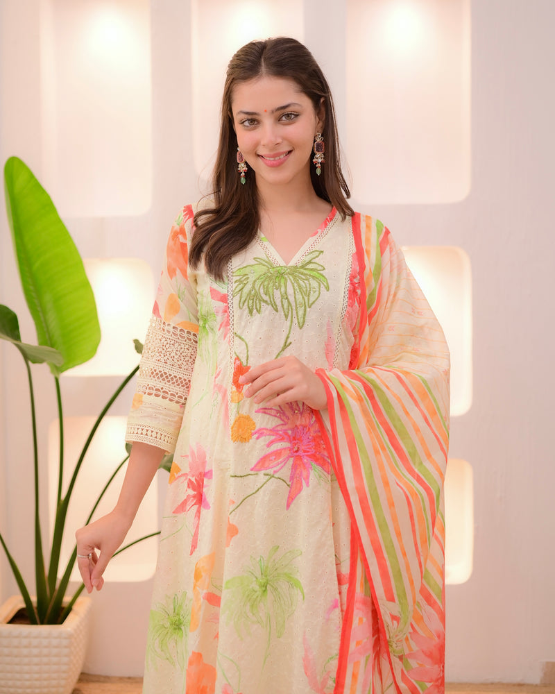 Minty Green Pakistani Schiffli Floral A Line Suit