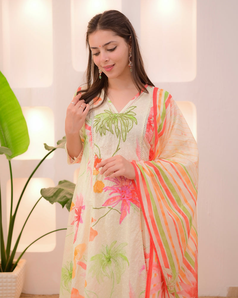 Minty Green Pakistani Schiffli Floral A Line Suit