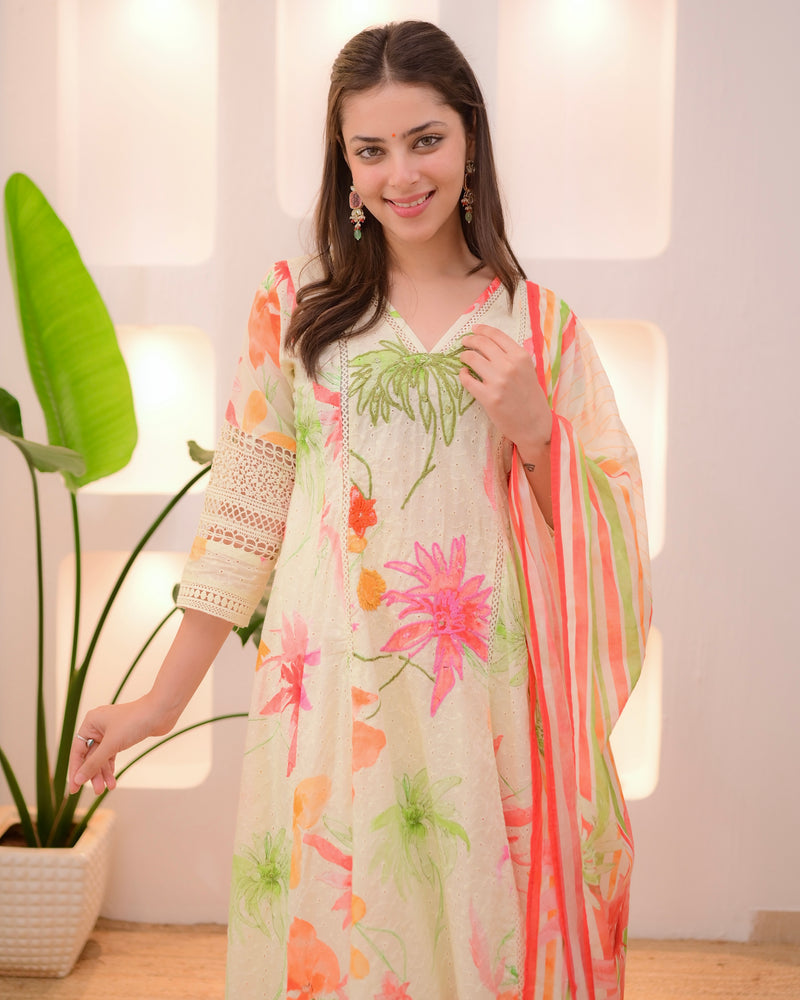 Minty Green Pakistani Schiffli Floral A Line Suit