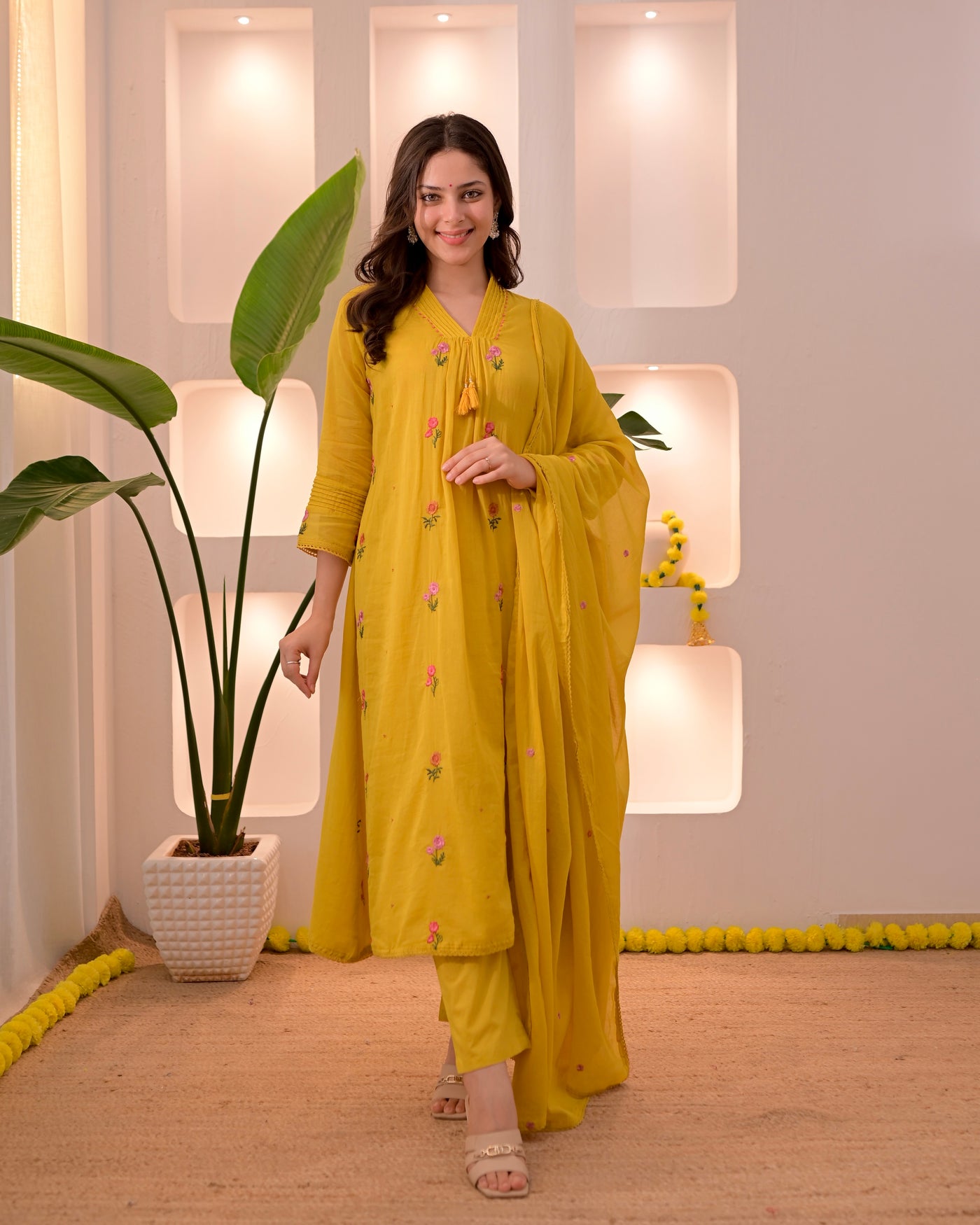 Sunshine Blossom Mul Cotton Threaded A Line Suit