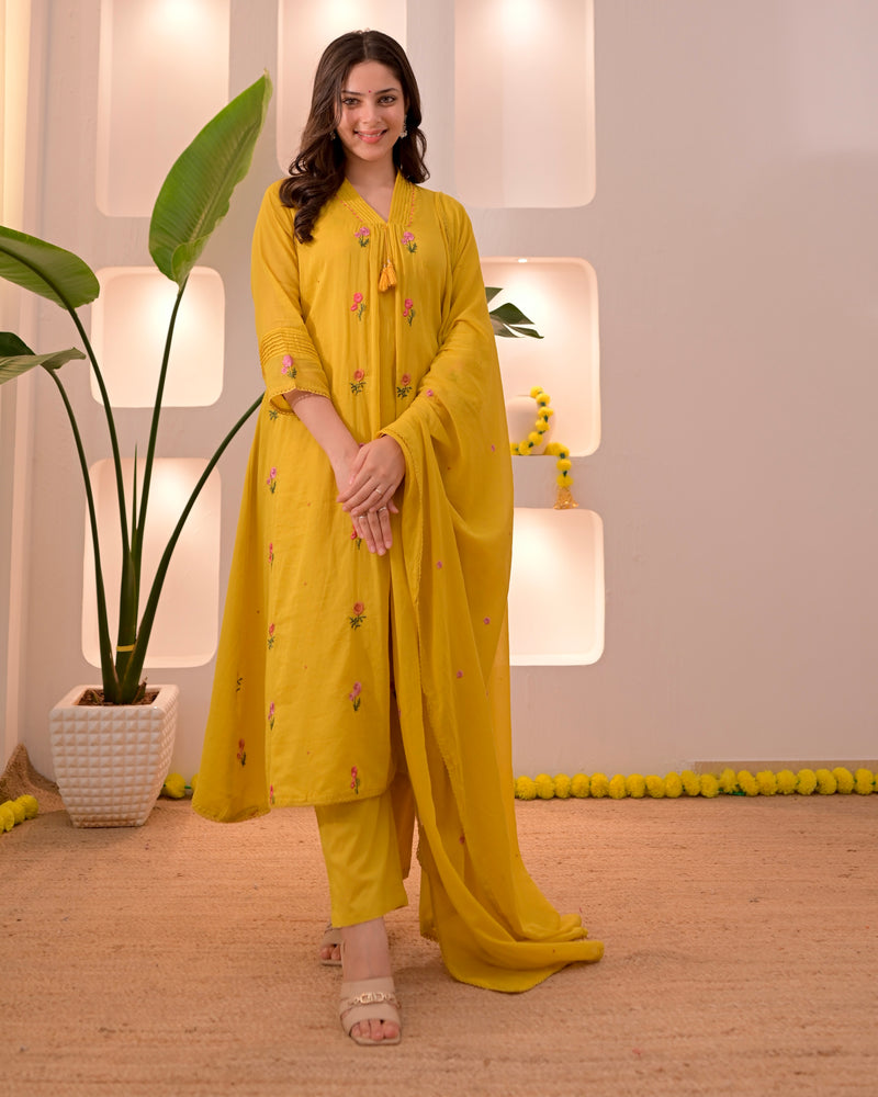 Sunshine Blossom Mul Cotton Threaded A Line Suit