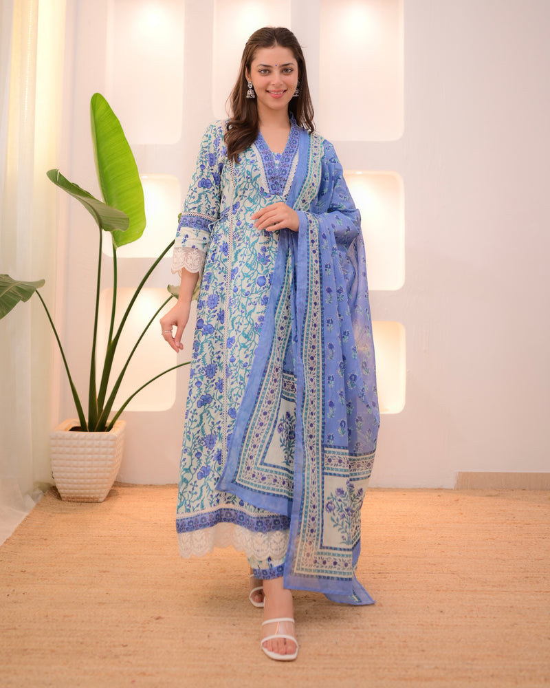 Blue Elora Garden Cotton A Line Afghani Suit