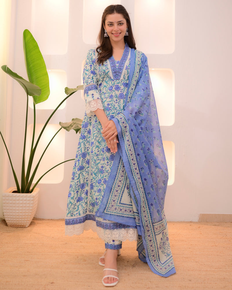 Blue Elora Garden Cotton A Line Afghani Suit