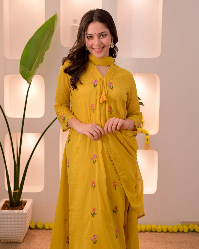 Sunshine Blossom Mul Cotton Threaded A Line Suit