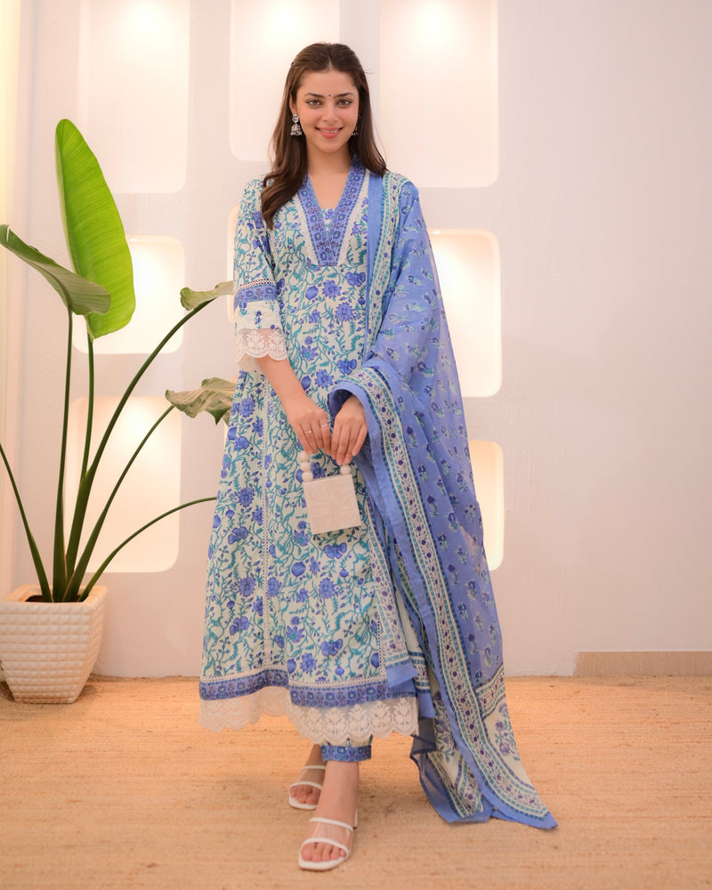 Blue Elora Garden Cotton A Line Afghani Suit
