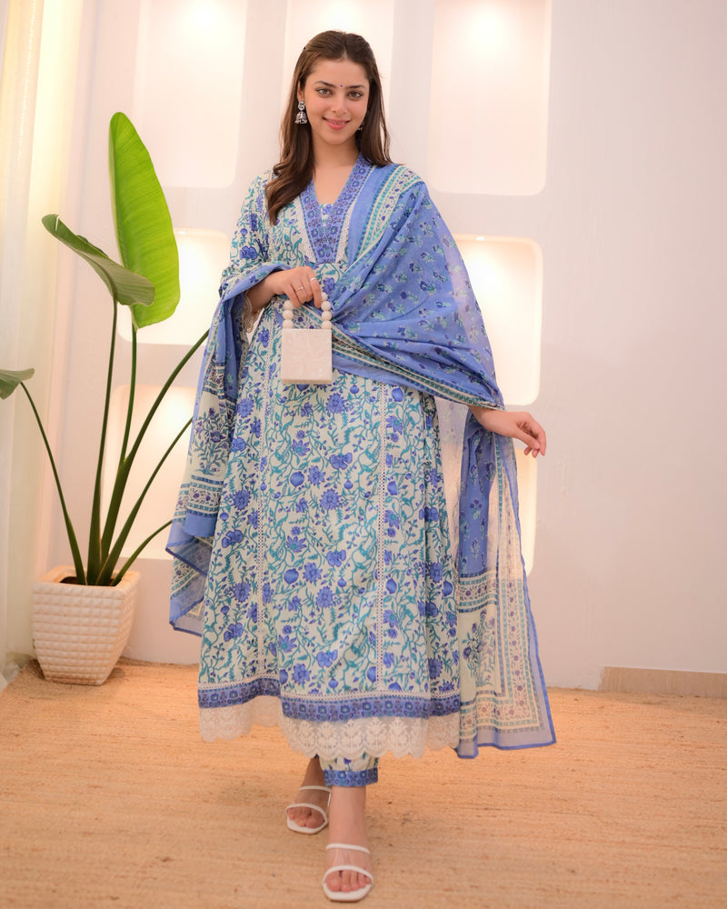 Blue Elora Garden Cotton A Line Afghani Suit
