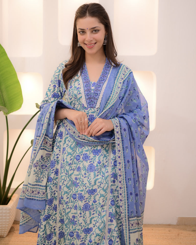 Blue Elora Garden Cotton A Line Afghani Suit