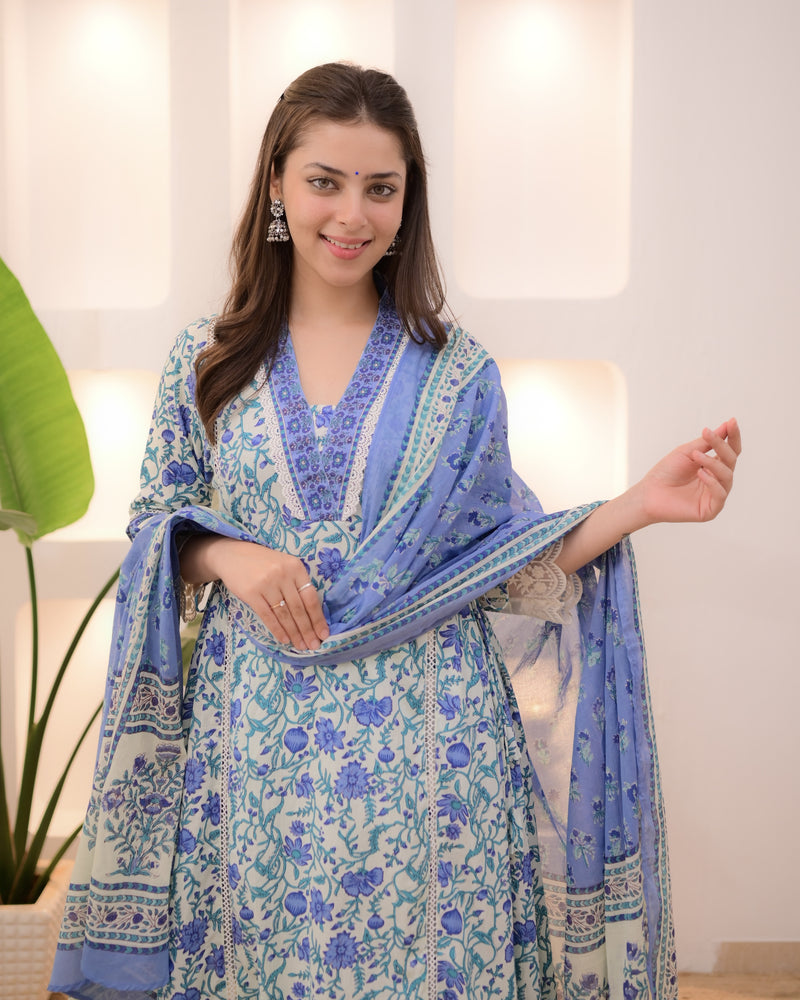 Blue Elora Garden Cotton A Line Afghani Suit