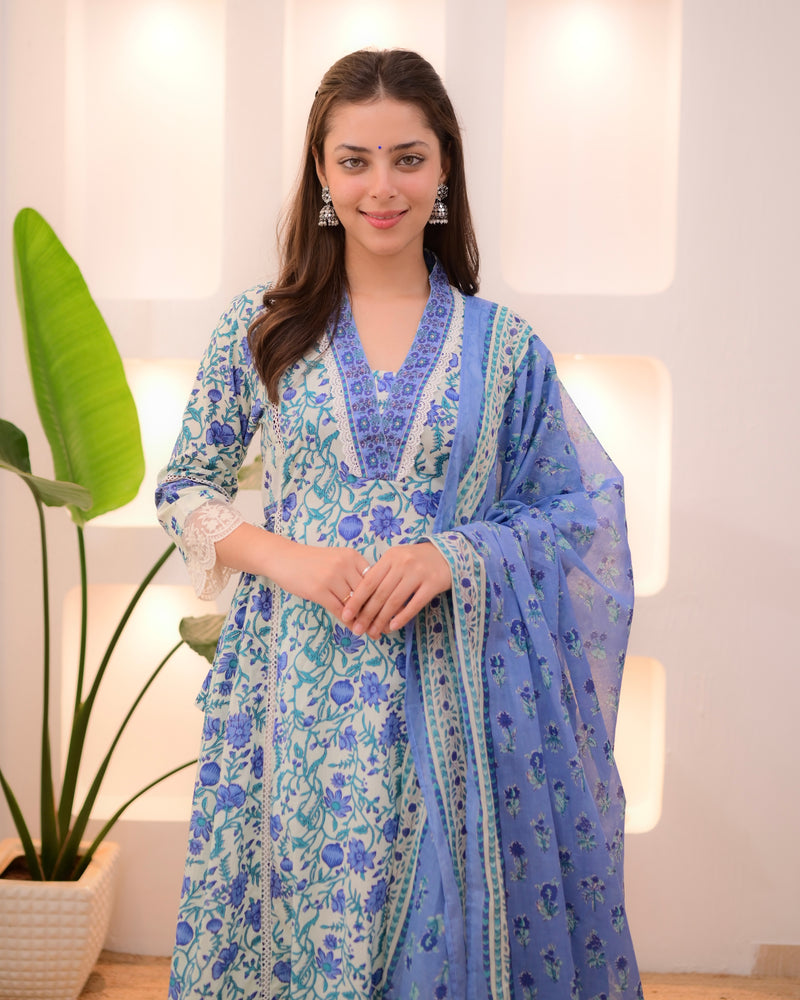 Blue Elora Garden Cotton A Line Afghani Suit