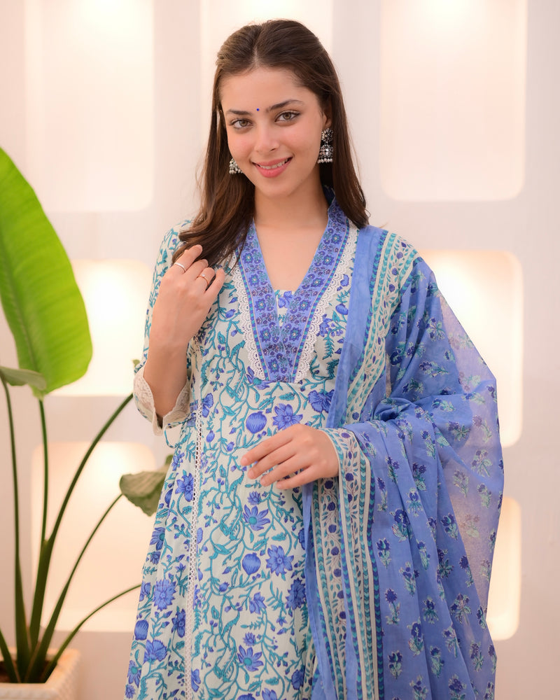 Blue Elora Garden Cotton A Line Afghani Suit