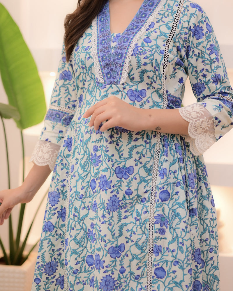 Blue Elora Garden Cotton A Line Afghani Suit