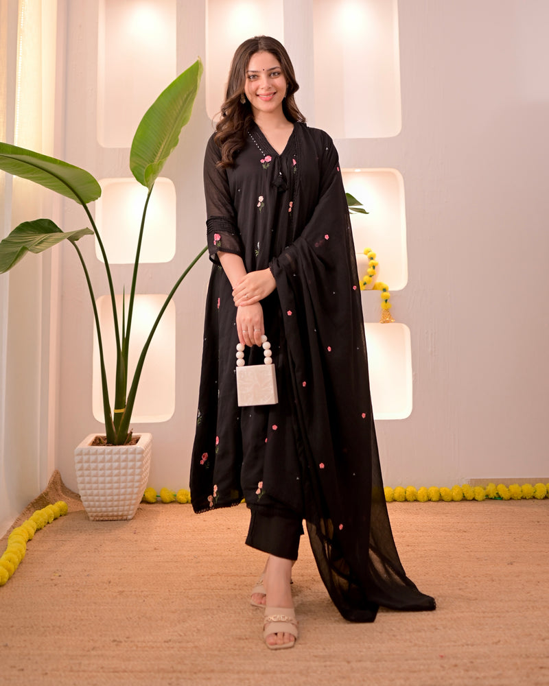 Black Blossom Mul Cotton Threaded A Line Suit