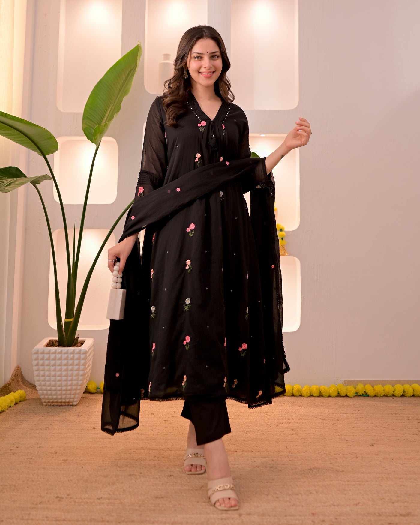 Black Blossom Mul Cotton Threaded A Line Suit