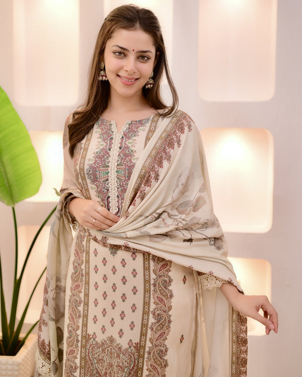 Ivory Maroon Pakistani Digital Printed Muslin Suit