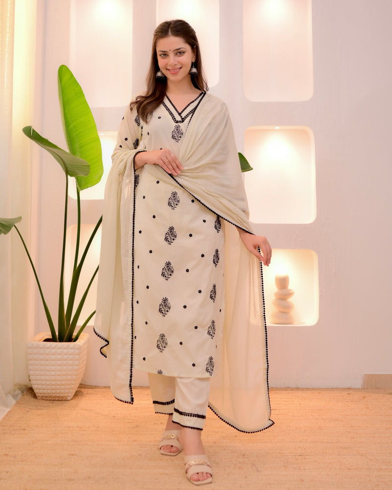 Ivory Noor Threadwork Premium Chanderi Cotton Suit