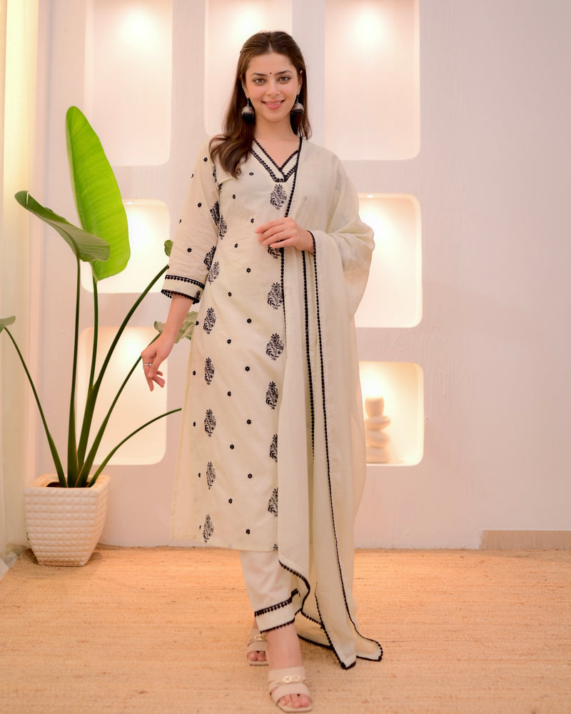 Ivory Noor Threadwork Premium Chanderi Cotton Suit