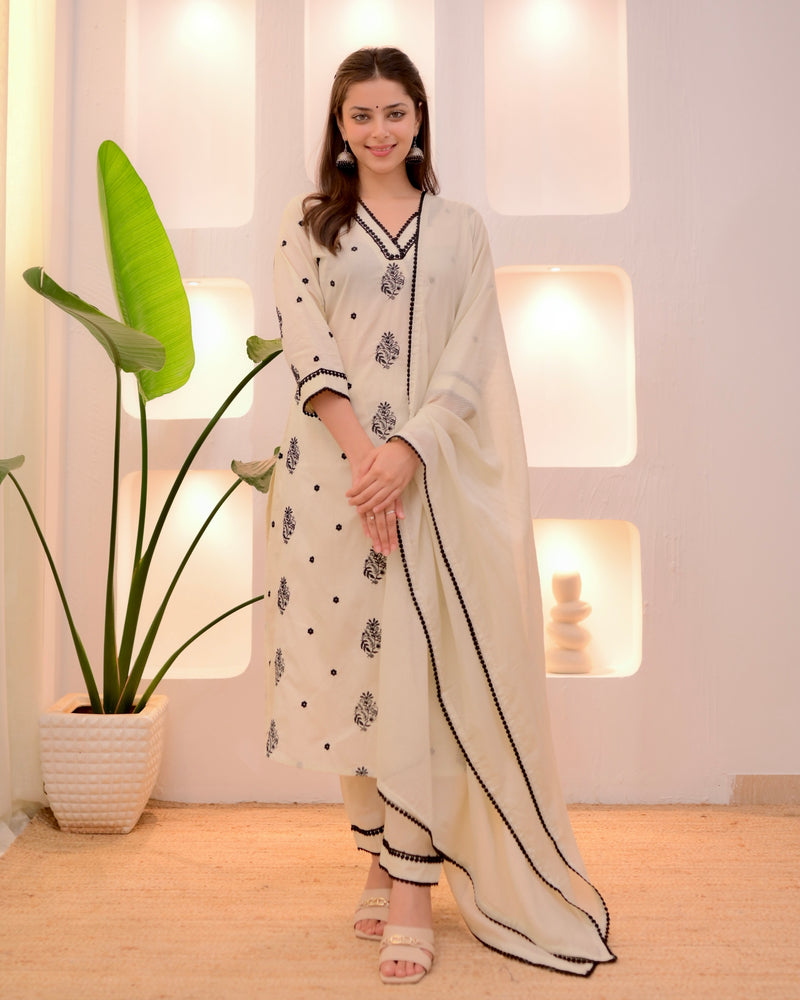 Ivory Noor Threadwork Premium Chanderi Cotton Suit