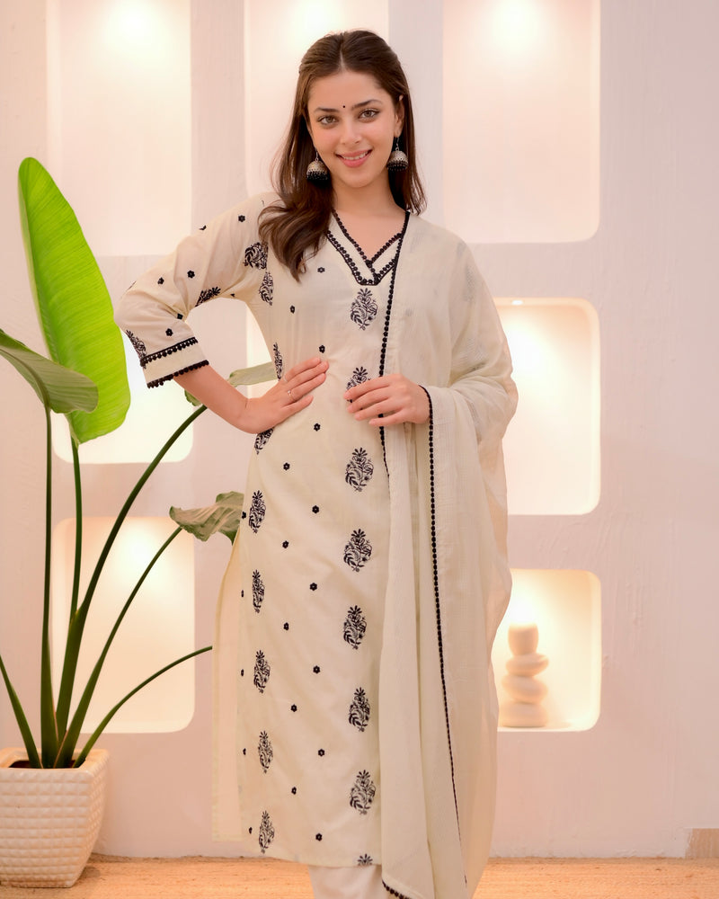 Ivory Noor Threadwork Premium Chanderi Cotton Suit