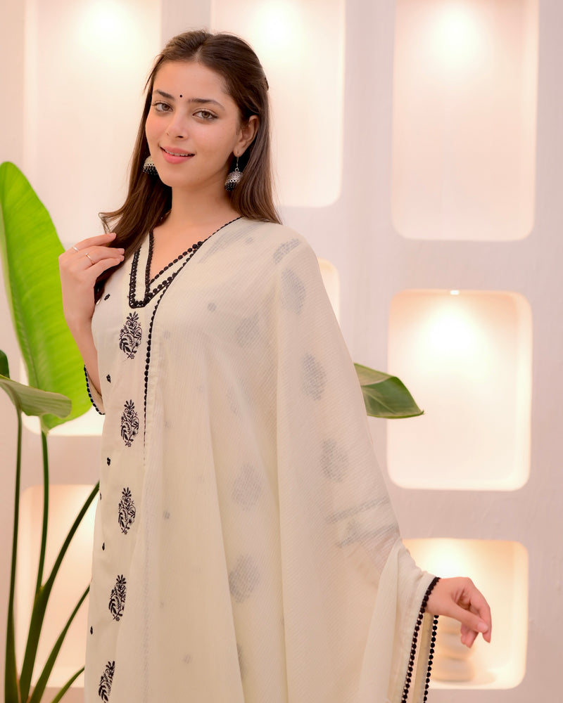 Ivory Noor Threadwork Premium Chanderi Cotton Suit