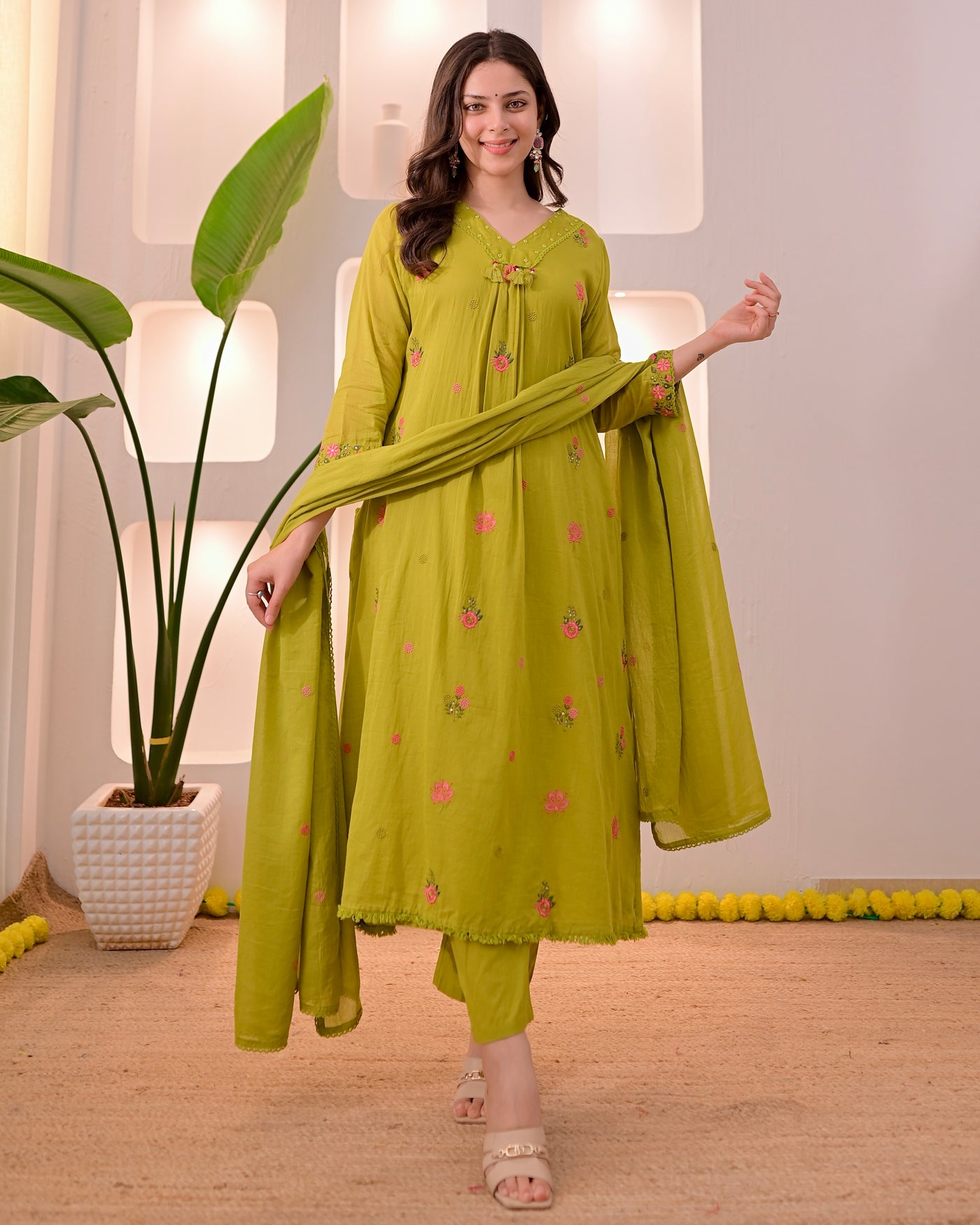 Mehendi Mist Threadwork Mul Cotton A Line Suit