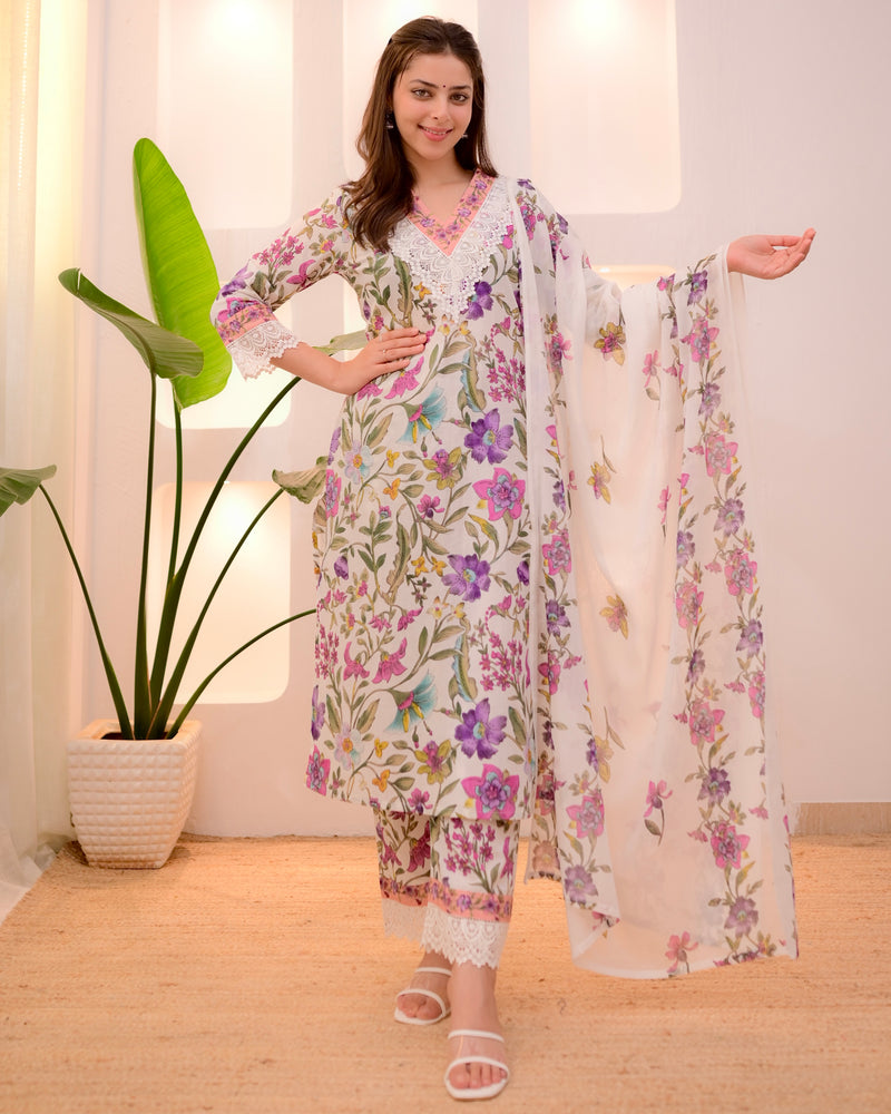 Ivory Floral Lace Pakistani Cotton Suit
