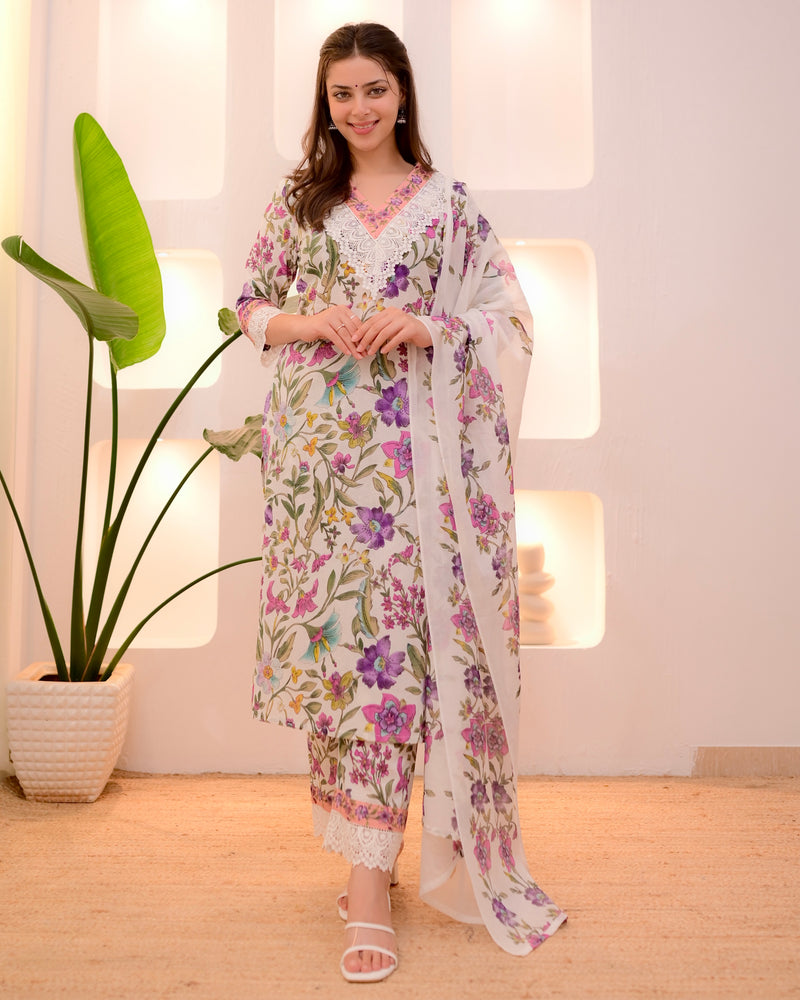 Ivory Floral Lace Pakistani Cotton Suit