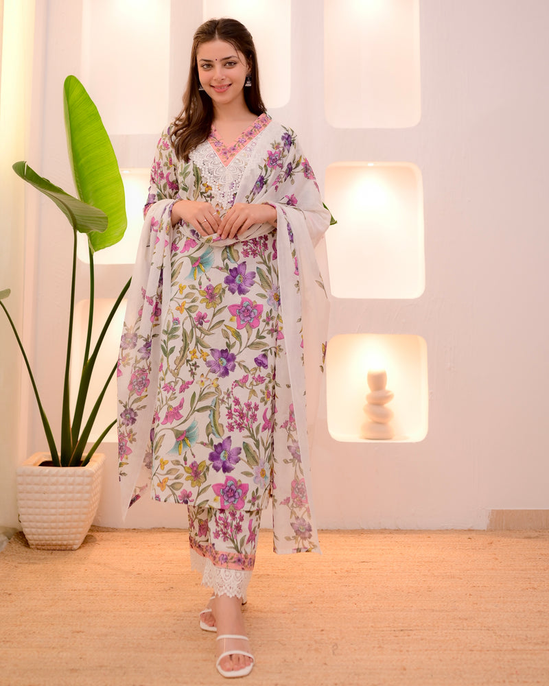 Ivory Floral Lace Pakistani Cotton Suit