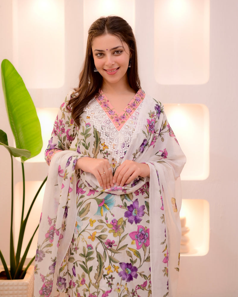 Ivory Floral Lace Pakistani Cotton Suit