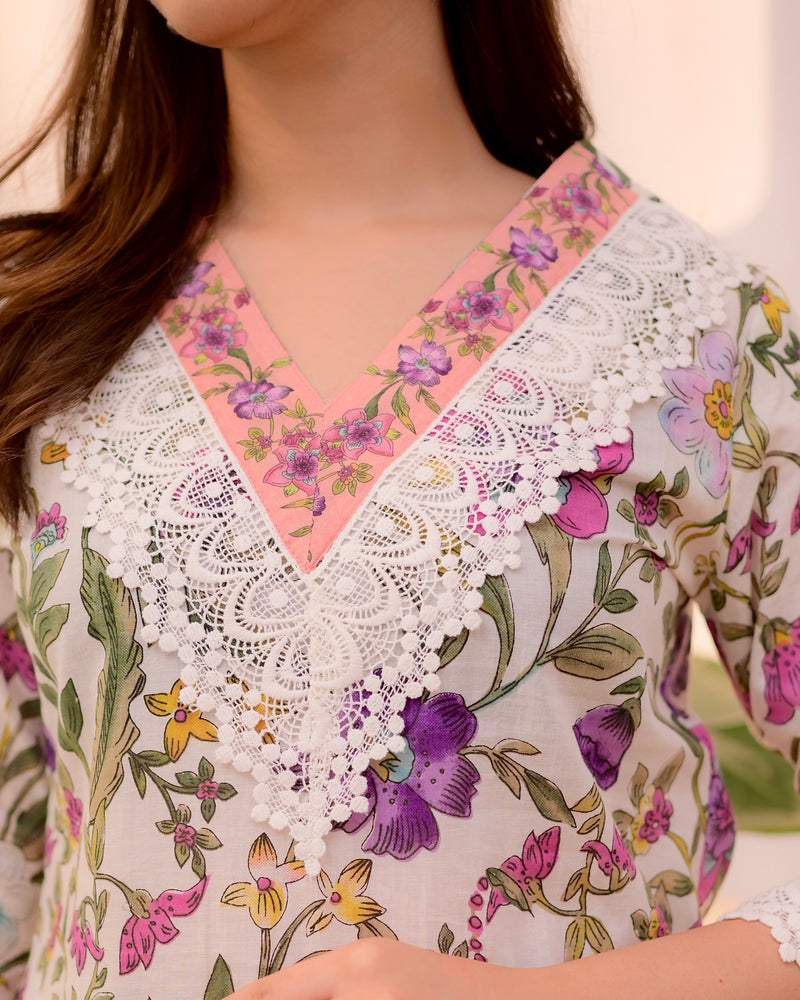 Ivory Floral Lace Pakistani Cotton Suit