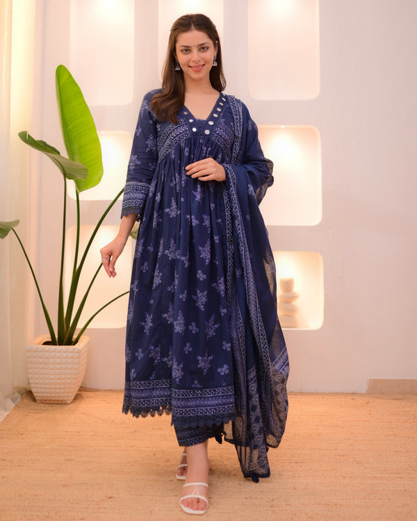 Navy Blue Mirrorwork A Line Premium Cotton Suit