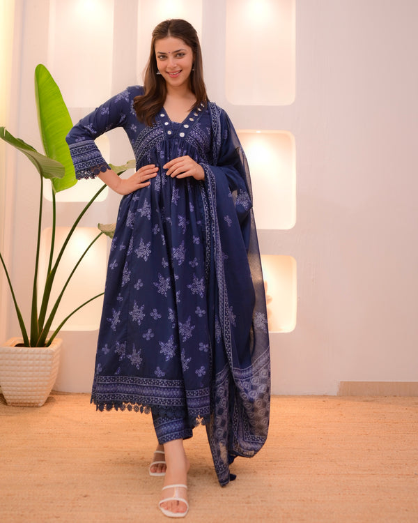 Navy Blue Mirrorwork A Line Premium Cotton Suit
