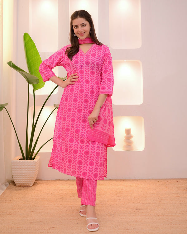 Cherry Pink Blossom Printed Cotton Suit