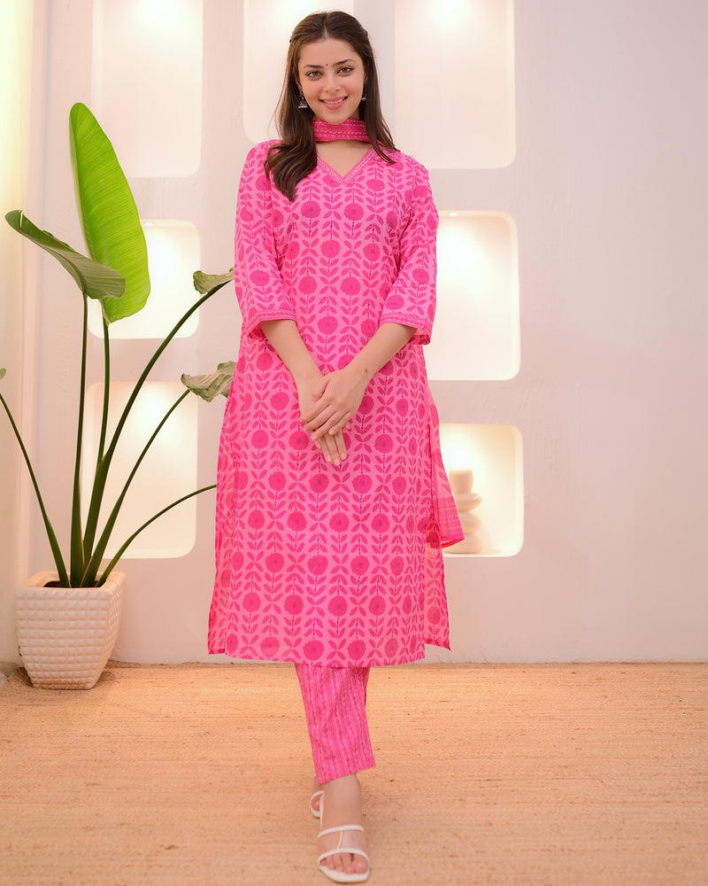 Cherry Pink Blossom Printed Cotton Suit
