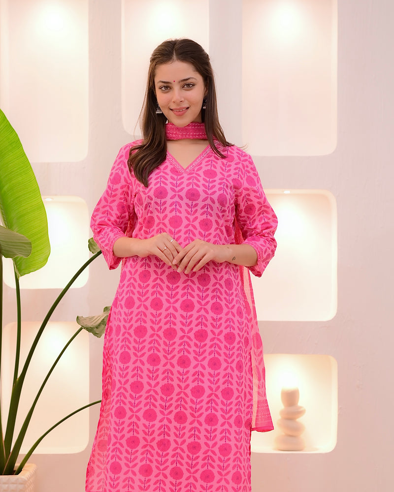 Cherry Pink Blossom Printed Cotton Suit