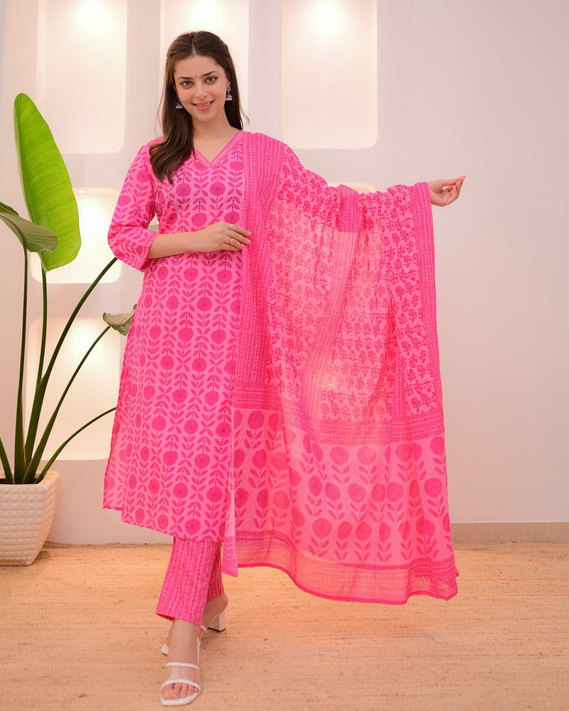 Cherry Pink Blossom Printed Cotton Suit