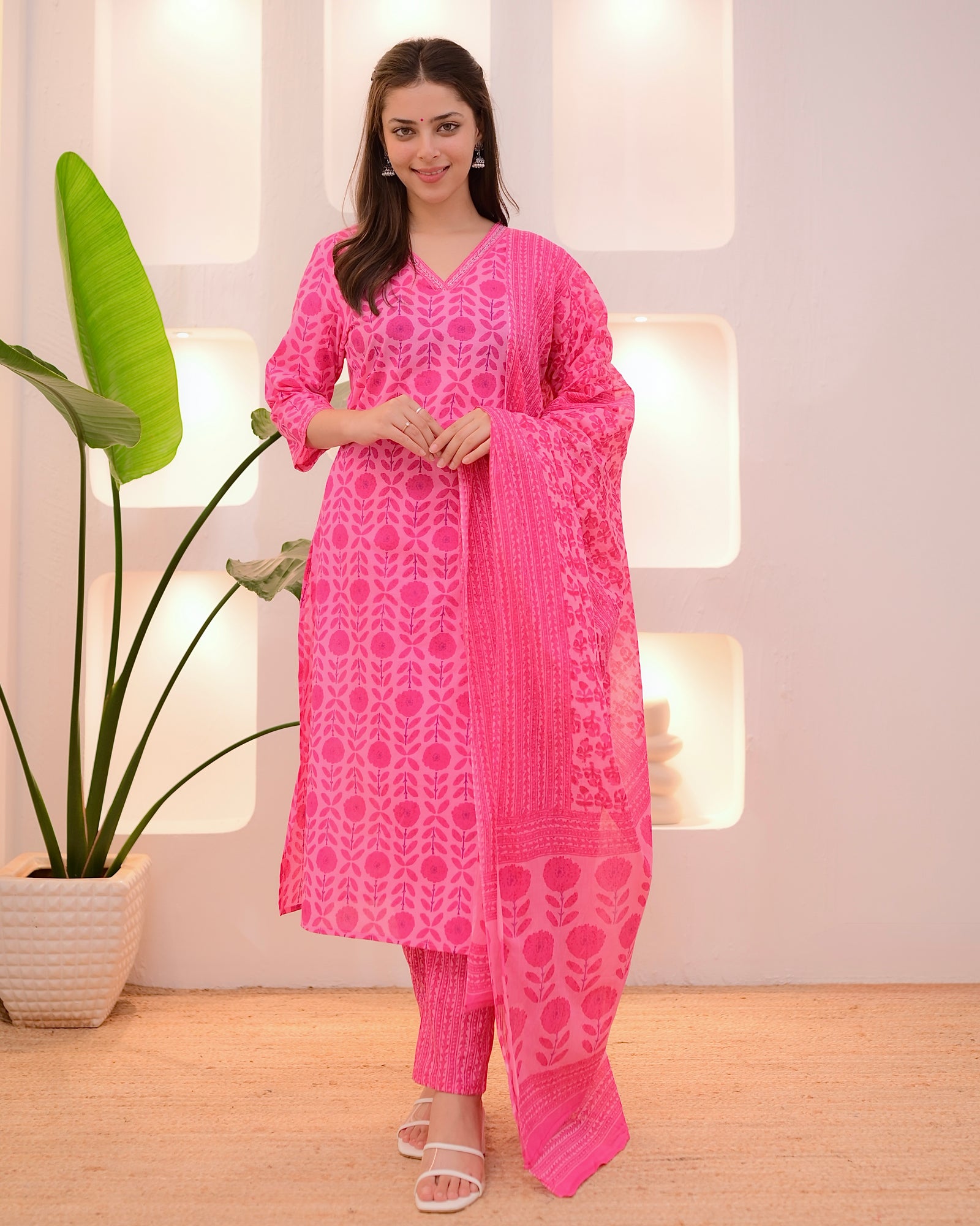 Cherry Pink Blossom Printed 3 PC Comfy Pure Cotton Suit Set For