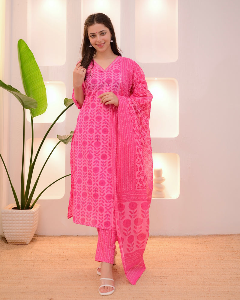 Cherry Pink Blossom Printed Cotton Suit