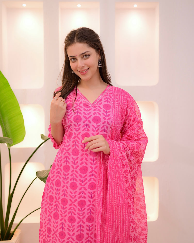 Cherry Pink Blossom Printed Cotton Suit