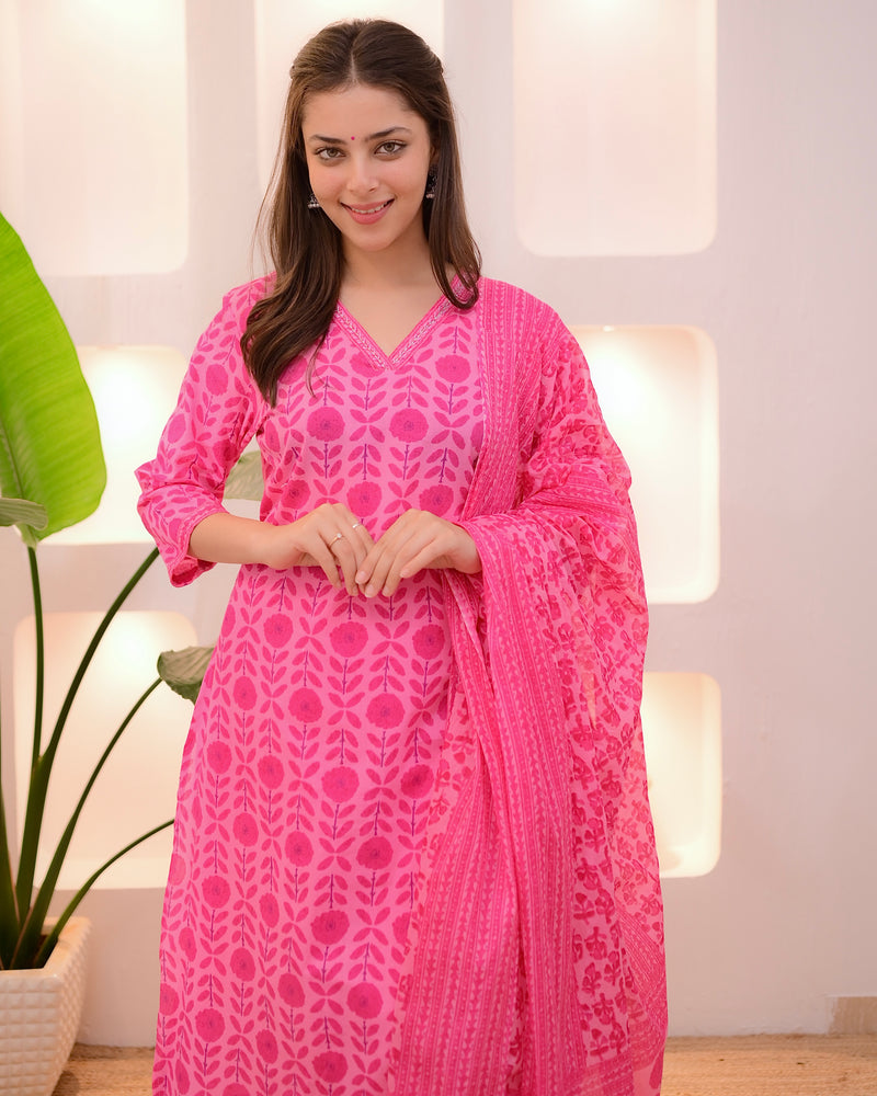Cherry Pink Blossom Printed Cotton Suit