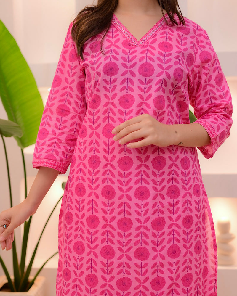 Cherry Pink Blossom Printed Cotton Suit
