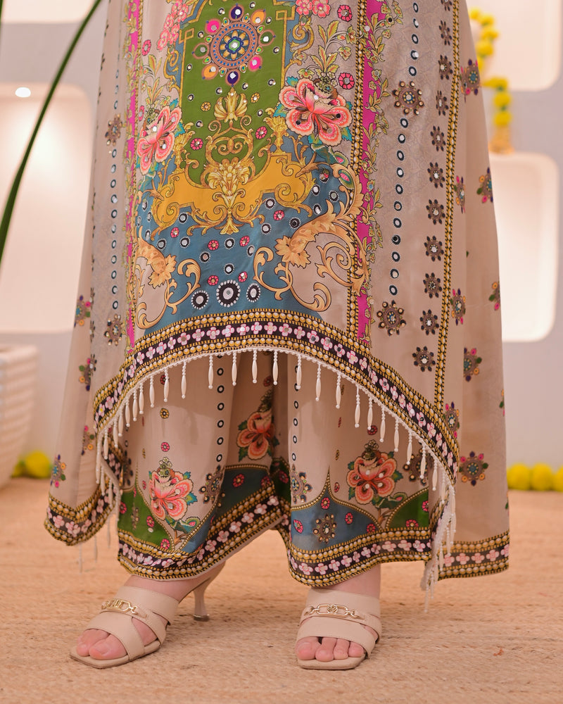 Noor Mahal Golden Beige Handwork Crepe Festive Suit