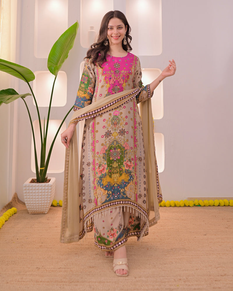 Noor Mahal Golden Beige Handwork Crepe Festive Suit