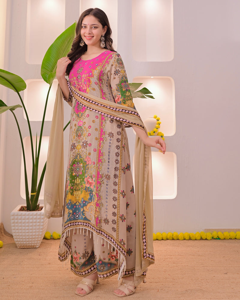 Noor Mahal Golden Beige Handwork Crepe Festive Suit