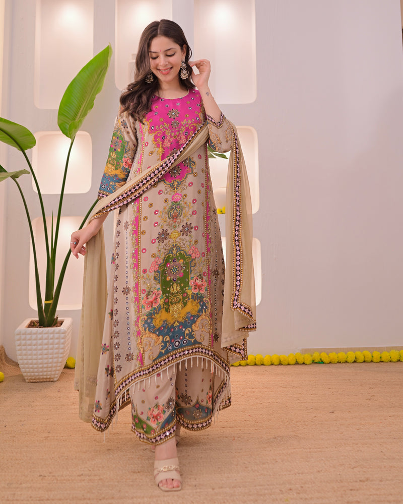 Noor Mahal Golden Beige Handwork Crepe Festive Suit