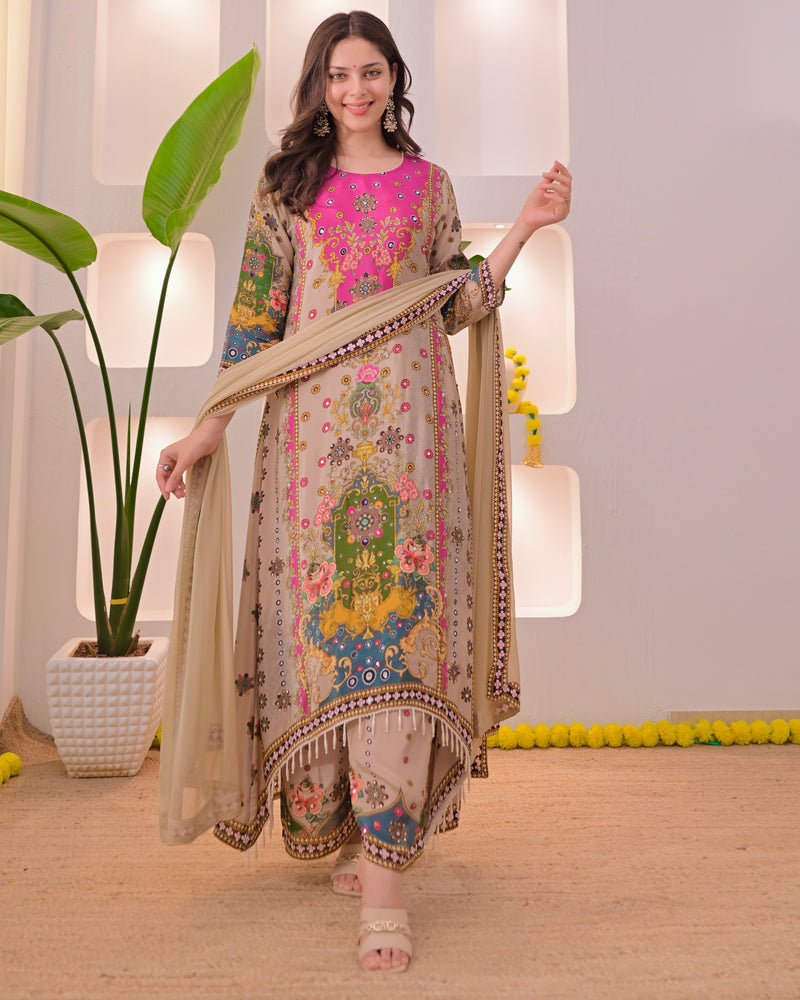 Noor Mahal Golden Beige Handwork Crepe Festive Suit